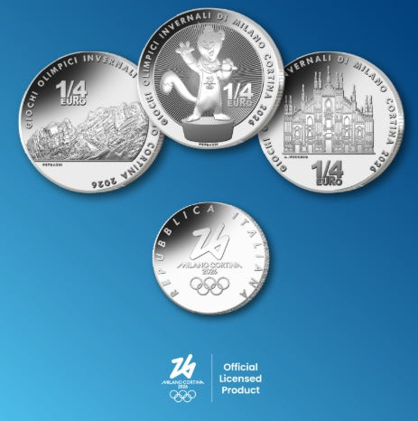 Trittico 1/4 Euro - Giochi Olimpici Invernali di Milano Cortina 2026 - CORTINA - MILANO - MASCOTTE  -  OLIMPIADI 2026