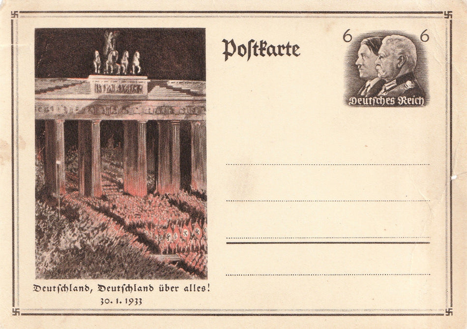 Cartolina propaganda Tedesca "Machtergreifung - Brandenburger Tor - 1933" (Nomina a cancelliere di Adolf Hitler) - Difettata
