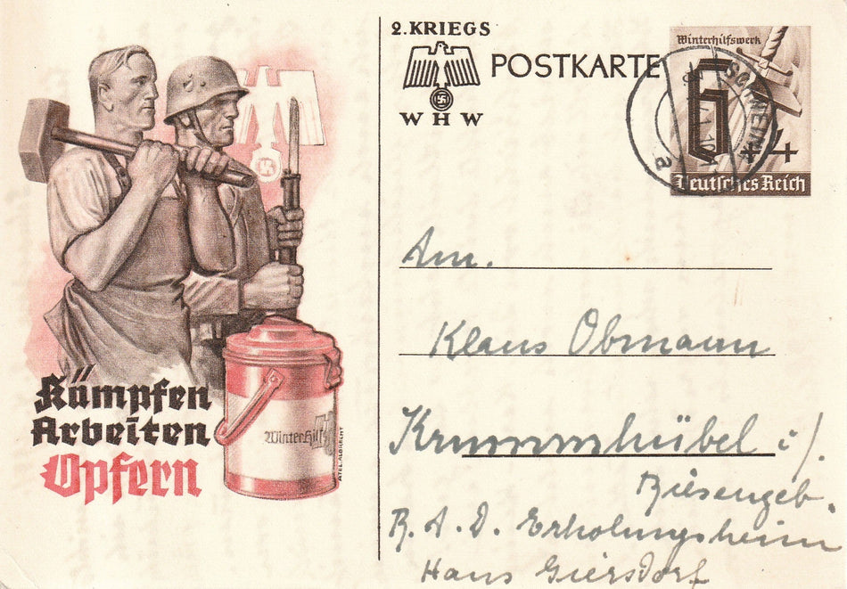 Cartolina propaganda Tedesca "Kämpfen. Arbeiten. Opfern" (Viaggiata)