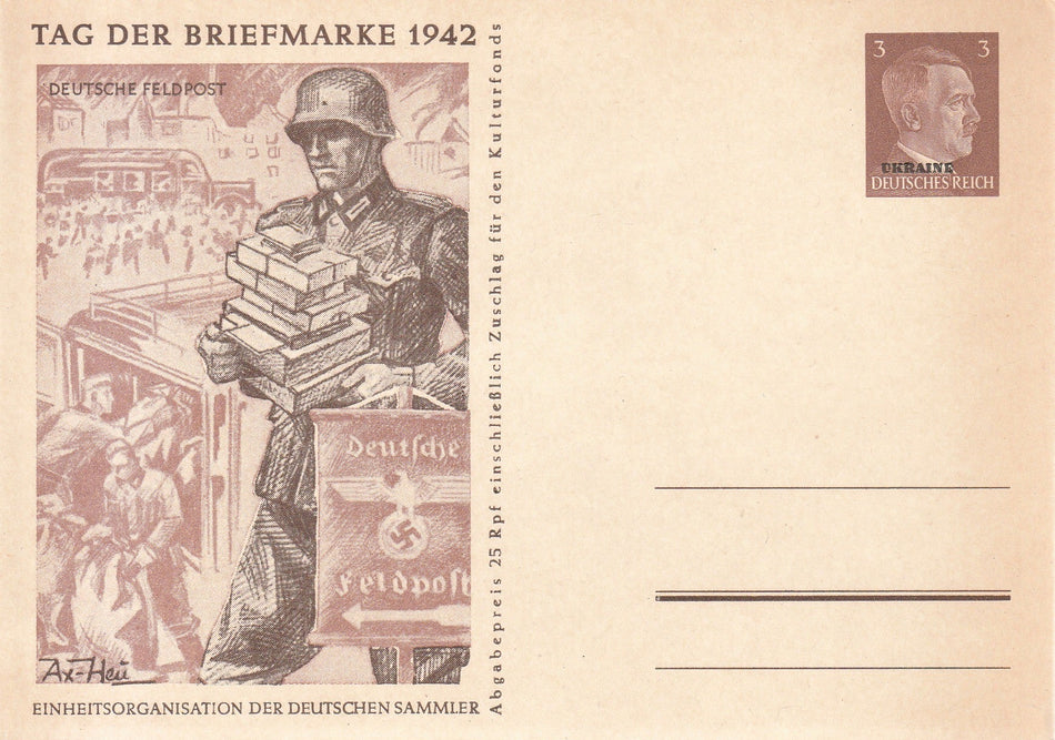 Cartolina propaganda Tedesca "Tag der Briefmarke 1942" (Giornata del Francobollo) -Sovrastampato UKRAINE