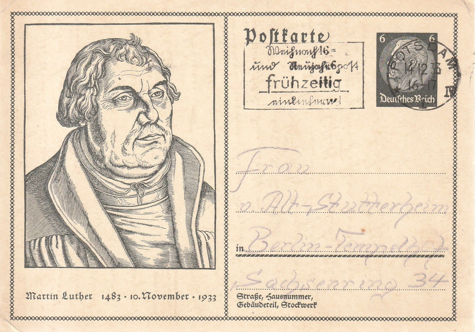 Cartolina propaganda Tedesca "450° di Martin Lutero - 1933" Con timbro postale "Weihnachts- und Neujahrsgrüße frühzeitig einreichen" (Viaggiata)