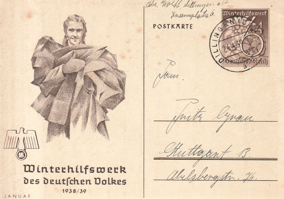 Cartolina propaganda Tedesca "Winterhilfswerk des Deutschen Volkes - Januar 1938/39" (Viaggiata)