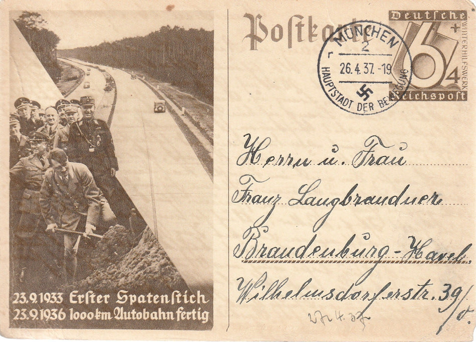Cartolina di propaganda Tedesca "1000 km Autobahn fertig - 1936" (Viaggiata)