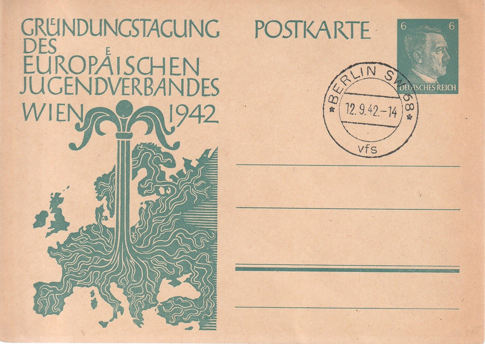 Cartolina propaganda Tedesca con timbro ordinario "Gründung des Europäischen Jugendverbandes" 1942