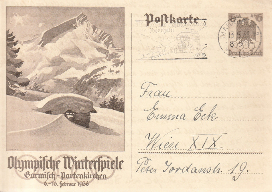 Cartolina commemorativa con timbro "Olympische Winterspiele - Garmisch-Partenkirchen - 1936" (Viaggiata)