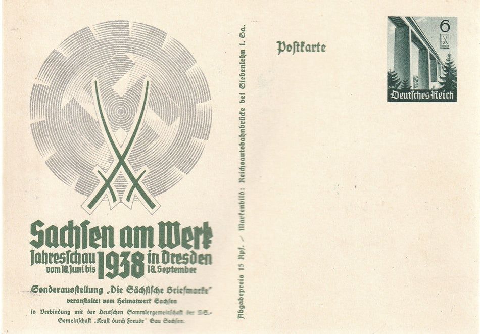 Cartolina tedesca postale "Sachsen am Werk - Dresda 1938"
