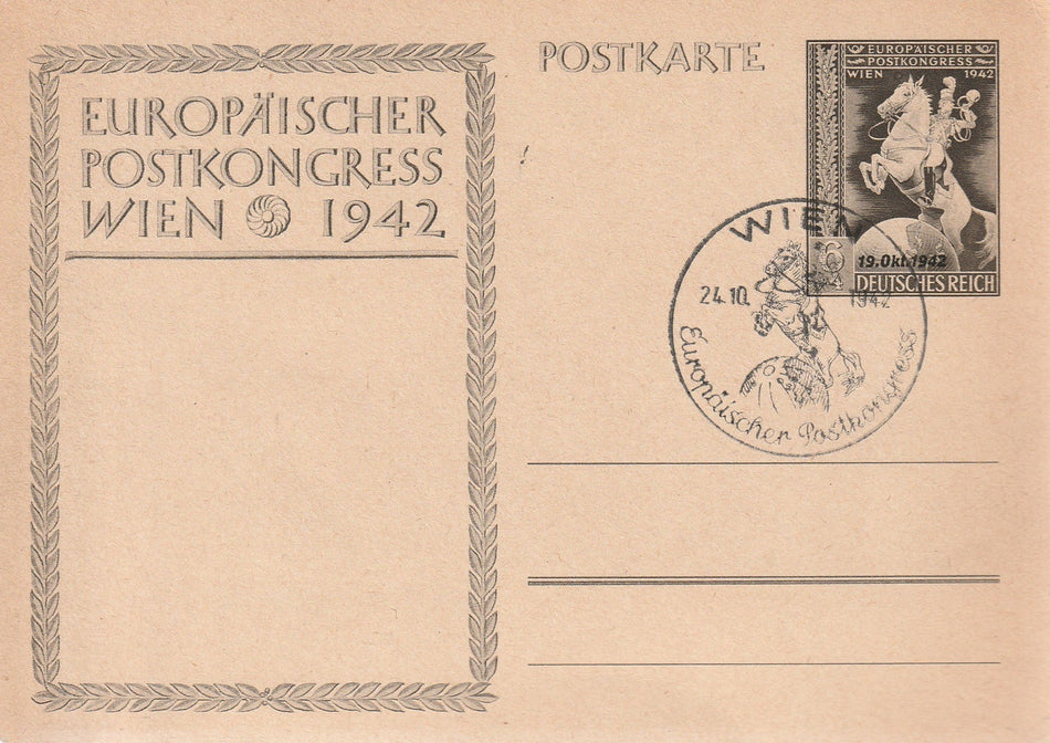 Cartolina postale con timbro commemorativo "Europäischer Postkongress Wien 1942" (Congresso Postale Europeo a Vienna)