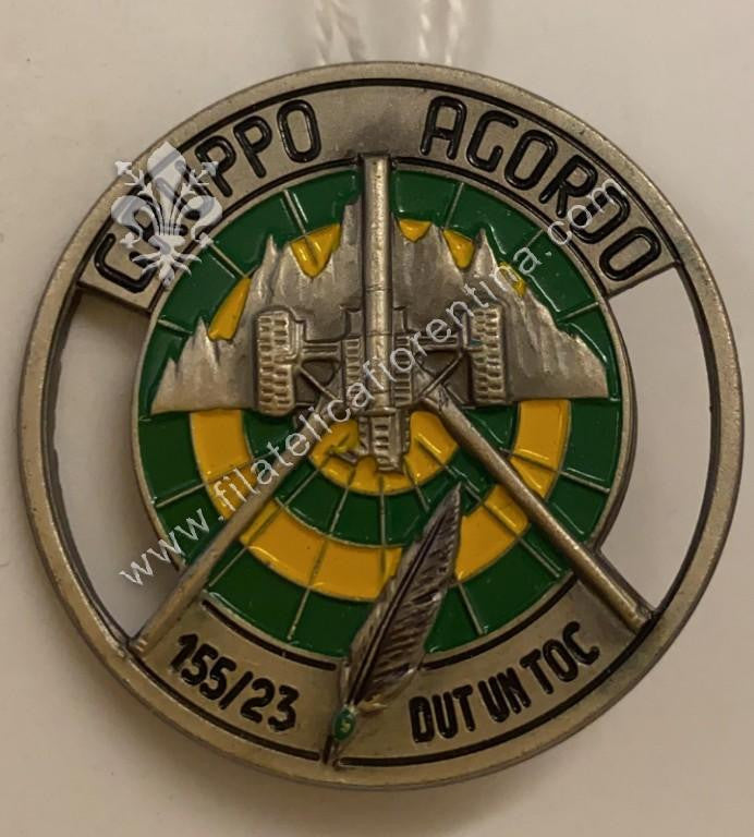 Distintivo del Gruppo artiglieria da montagna "AGORDO" 1953/75 - 1975/91. Argentato- Non marcato.