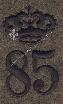 Fregio da Beretto su fondo grigio-verde della 1^ G.M dell' 85° Reggimento - VERONA