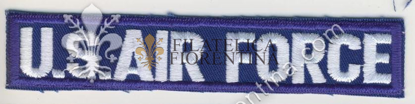 Scritta " U.S. AIR FORCE " bianco su blu in rilievo con bordo cucito