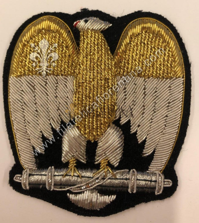 Fregio Aquila del PNF Partito Nazionale Fascista ( filo argento/oro canottiglia ) fondo nero