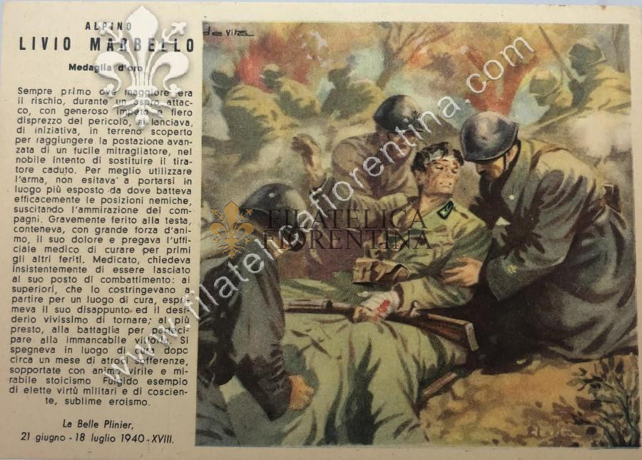 Cartolina militare per conferimento di Medaglia d'Oro a LIVIO MARBELLO - Alpino 1940