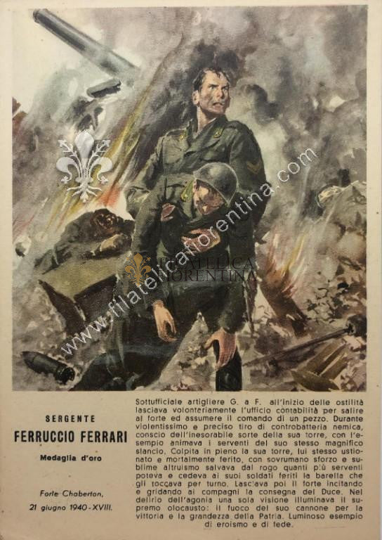 Cartolina militare per conferimento di Medaglia d'Oro a FERRUCCIO FERRARI 1940 (nuova)