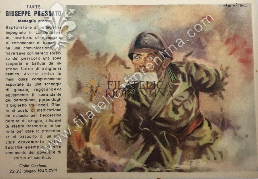 Cartolina militare per conferimento di Medaglia d'Oro a Fante GIUSEPPE PRESSATO 1940 (nuova)