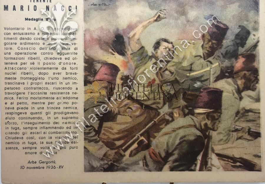 Cartolina militare per conferimento di Medaglia d'Oro a Tenente MARIO NACCI 1936 (nuova)