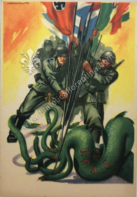 Cartolina militare BOLSCEVISMO "Tripartito con piovra URSS" Illustratore : Casolare