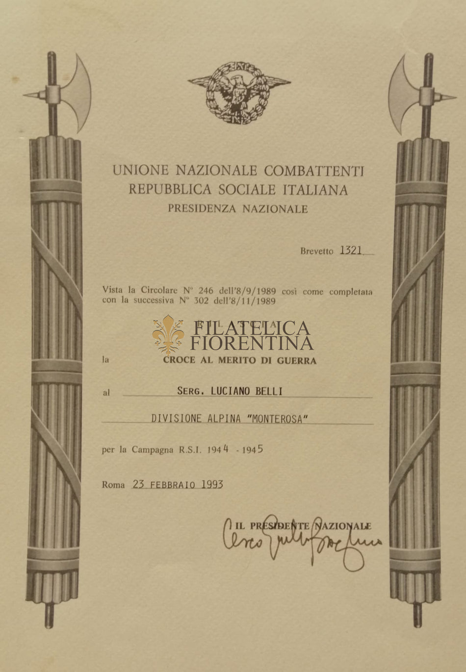 Divisione Alpina Monterosa - Attestato dell' "Unione Nazionale Combattenti - Repubblica Sociale Italiana - Presidenza Nazionale