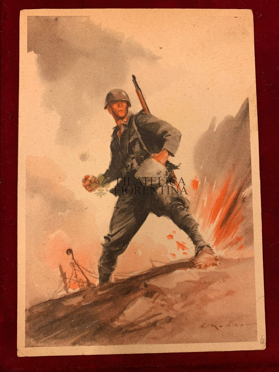Cartolina militare FANTERIA - Fante con granata (viaggiata)