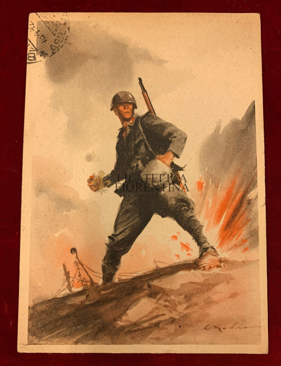 Cartolina militare FANTERIA - Fante con granata (viaggiata)