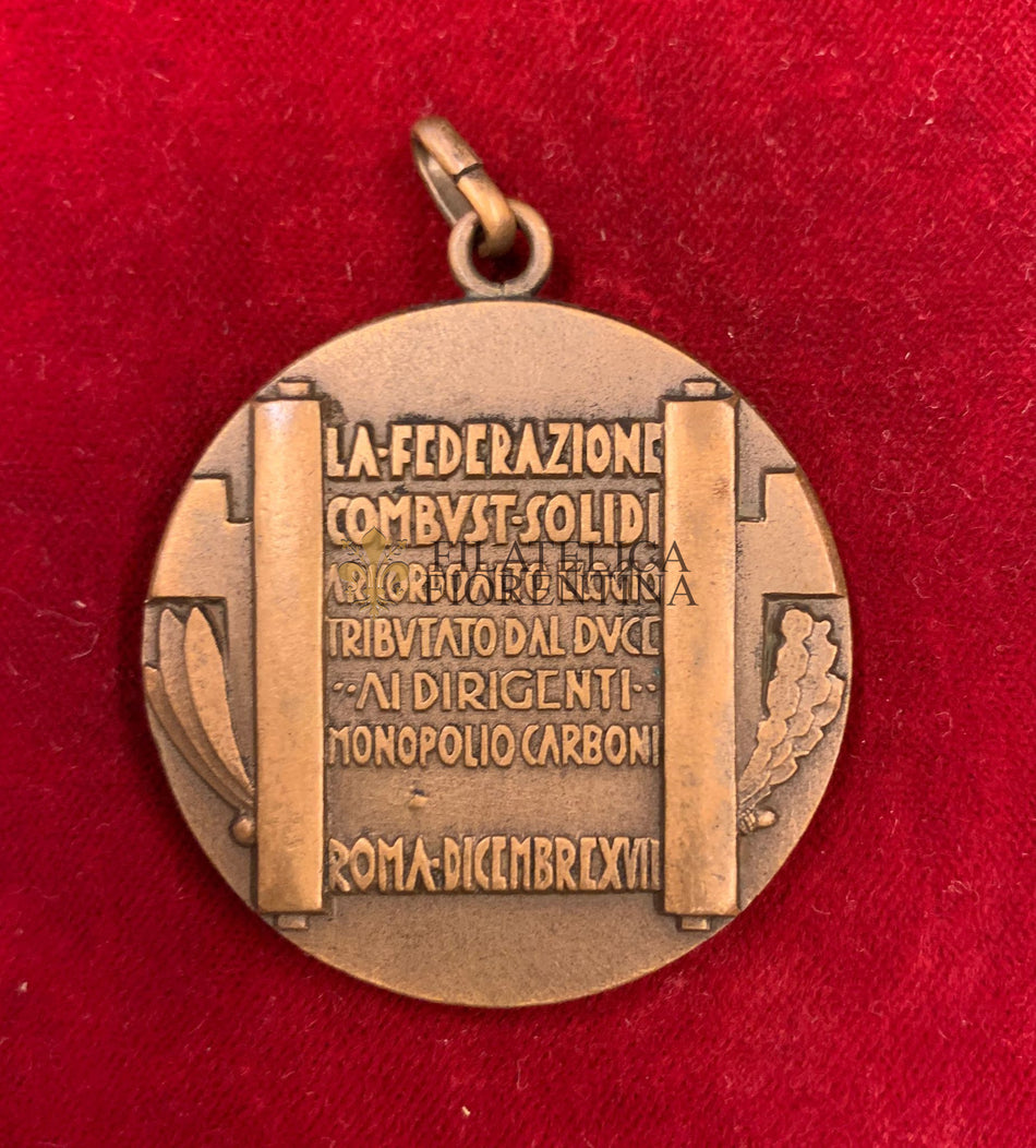 Medaglia Federazione Combustibili Solidi "Ricordo dal Duce - Ai dirigenti Monopolio Carboni" An. XVII